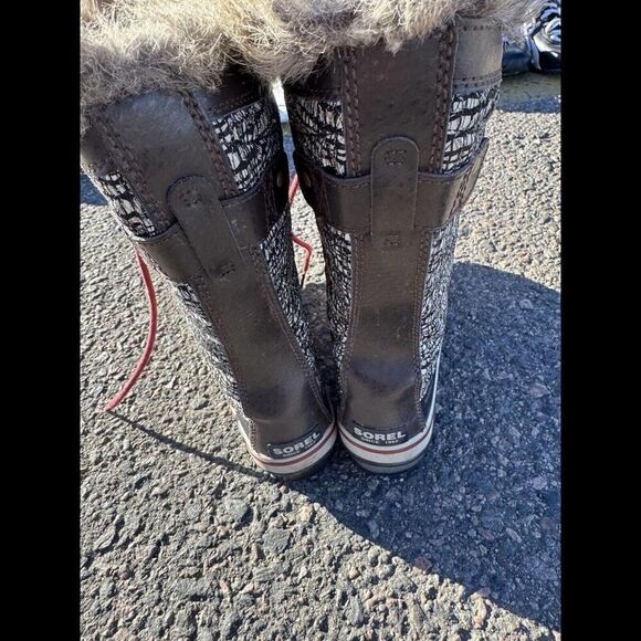 SOREL Snow boots fur trim brown Tall Tweed Leather sz 8.5 womens - Picture 4 of 5